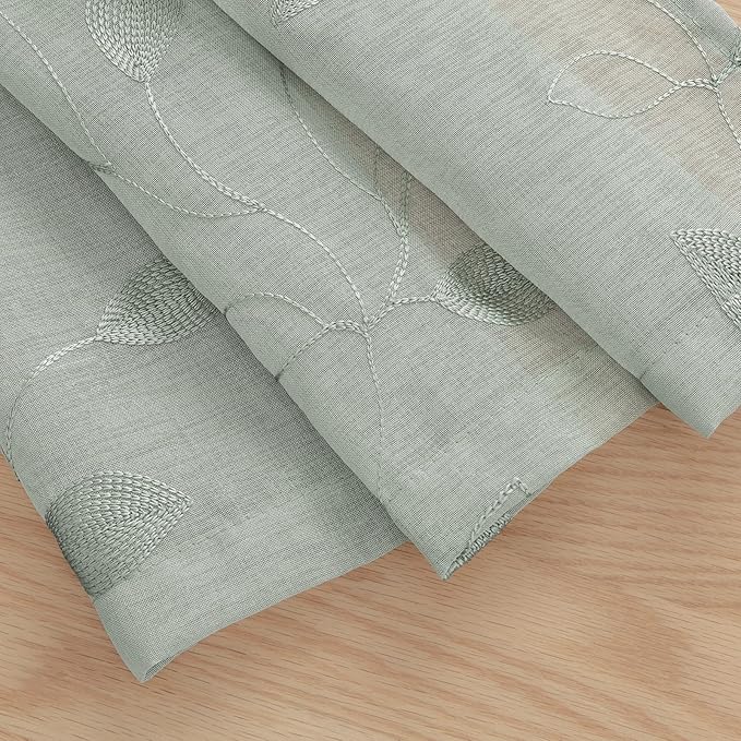 HOMEIDEAS Sage Green Sheer Kitchen Curtains 30 X 36 Inch Length 2 Panels Embroidered Leaf Pattern Short Curtains for Small Window Valance Tiers