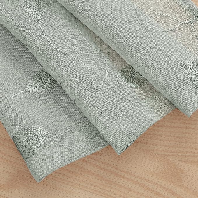 HOMEIDEAS Sage Green Sheer Kitchen Curtains 52 x 45 Inch Length 2 Panels Embroidered Leaf Pattern Short Curtains for Bedroom Half Small Window Rod Pocket Tiers