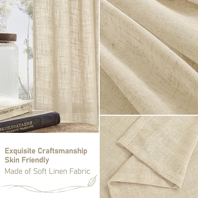 LAMIT Sheer Linen Curtains 84 Inches Long for Living Room, Light Filtering Boho Window Treatments Semi Sheer Neutral Drapes with Bronze Grommet for Bedroom, 52 X 84 Inch, 2 Panels Set, Linen