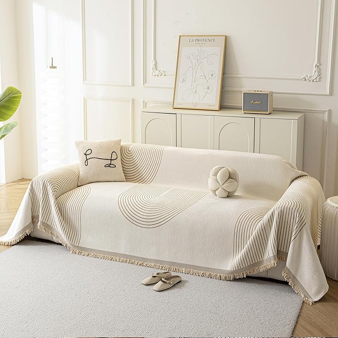 Couch Cover for Dogs, Boho Sofa Covers for 3 Cushion Couch, Chenille Sofa Slipcover for Pets Washable, L-Shape Sectional Couch Loveseat Cover Soft Throw Blankets with Tassels(91x150,Arc Beige)
