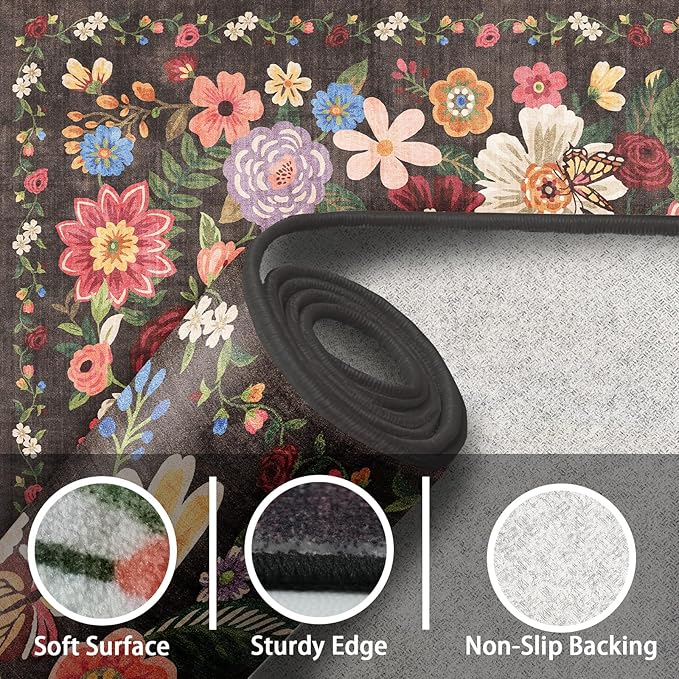 Black/Brown 24x17 Inch Home Decor Entry Rug, Small Door Mat Bath Mats for Bathroom, Ultra-Thin Non Slip Floral Low Pile Tub Mat for Sink Shower Doorway Tub Kitchen Sink(2 x 1.4 ft, Black/Brown)