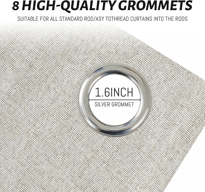 Yakamok Oatmeal Linen Curtains 100% Blackout 72 Inches Long,Room Darkening Textured Curtains for Living Room Thermal Grommet Bedroom Curtains 2 Panels with White Liner