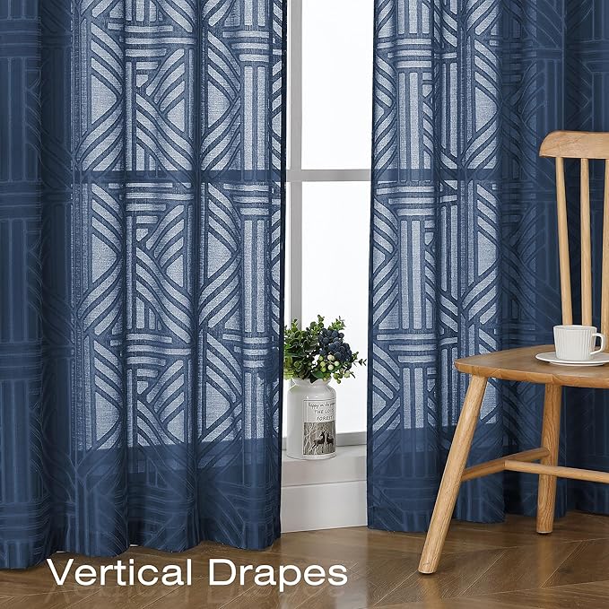 Simplebrand Navy Blue Semi Sheer Curtains 63 Inch Length 2 Panels, Light Filtering Geometric Jacquard Clip Textured Short Sheer Curtains for Bedroom，Modern Elegant Window Curtains Drapes，42x63 inch
