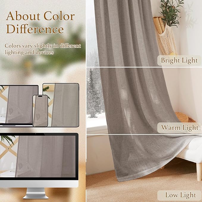 RYB HOME Extra Long Sheer Curtains - Linen Textured Privacy Semi Shears for Sliding Glass Door Hotel High Ceiling Window Living Room, Birch Brown, W 52 x L 108 inches Long, 1 Pair