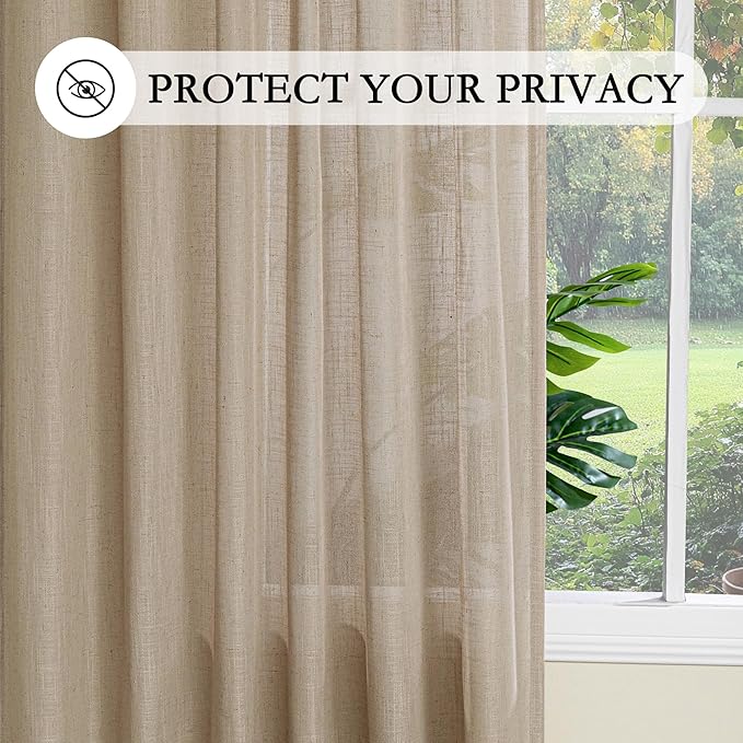 MYSKY HOME Taupe Curtains 96 Inches Long for Living Room Sliding Glass Door Semi Sheer Drapes Light Filtering Window Treatments Soft Farmhouse Style Privacy Protect Back Tab, 50" x 96", 2 Panels