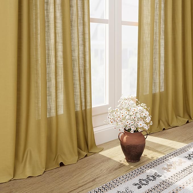 Nanspring Gold Linen Curtains Semi Sheer Gold 96 Inches Long 2 Panels Set for Living Room Back Tab Rod Pocket Light Filtering Drape for Bedroom Modern Farmhouse Coastal Decor Protect Privacy 52x96