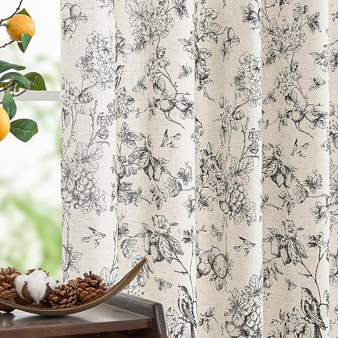 jinchan Linen Floral Curtains for Living Room 63 Inch Length Black Printed Flower Light Filtering French Country Curtain Farmhouse Cottage Core Toile Curtains Back Tab Window Drapes Set 2 Panels