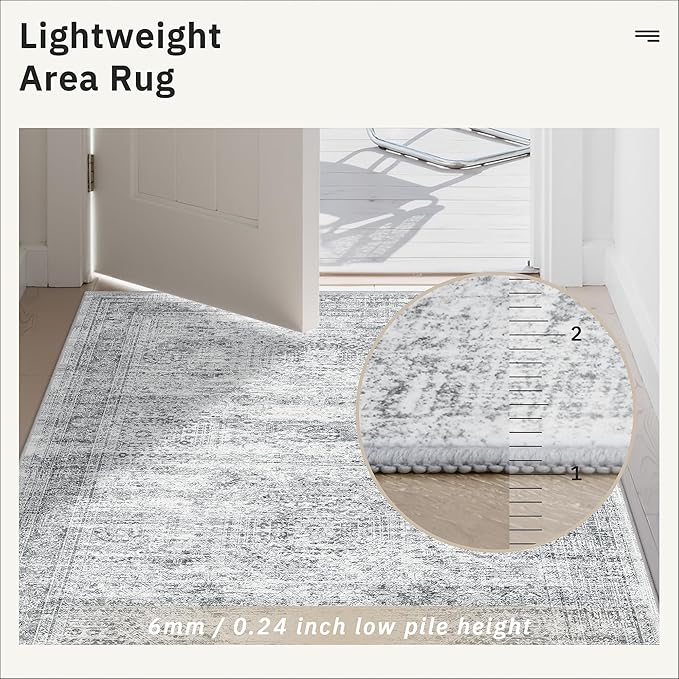 Hallway Runner Rug 4x8 Wide: Washable Thin Runners for Hallways Entry, Non Slip Soft Vintage Kitchen Area Rugs for Living Room Bedroom Dining Room Foyer (Grey, 4x8)