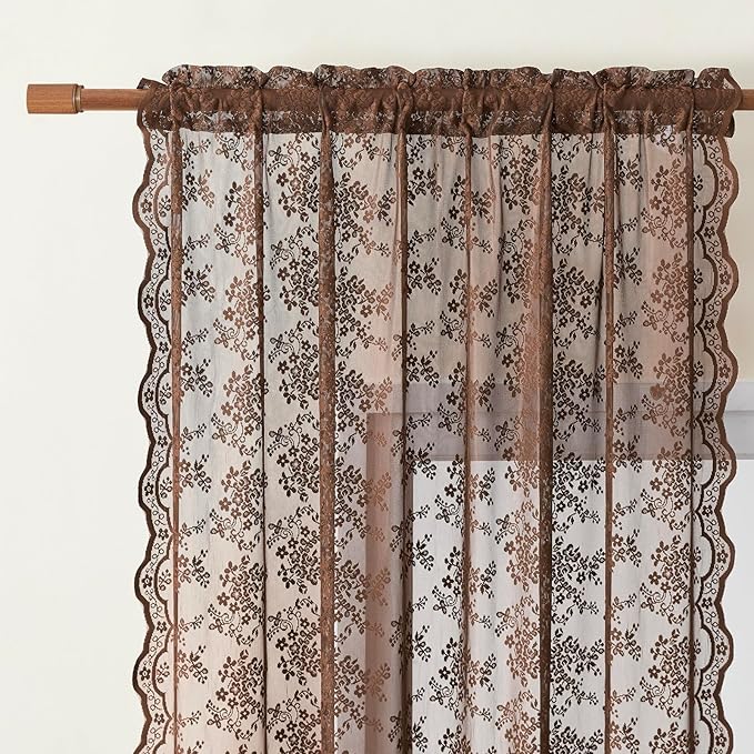 YJ YANJUN Vintage Lace Curtains 96 Inches Long-Victorian Floral Sheer Brown Curtain Panels for Living Room, Elegant Embroidered Style, Neutral Rustic Farmhouse & Cottagecor Décor 2 Panels W52 X L96