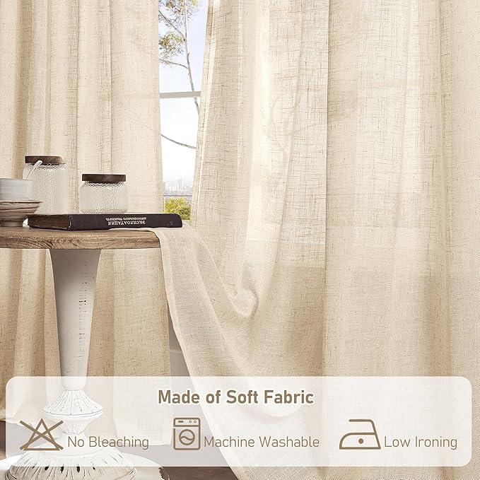 LAMIT Natural Linen Curtains 95 Inch for Living Room, Back Tab and Rod Pocket Linen Textured Semi Sheer Curtains Light Filtering Drapes for Bedroom/French Door, Set of 2, 52 x 95 Inch, Linen