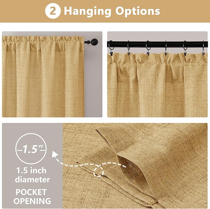 OVZME Valance for Windows, Light Filtering Faux Linen Textured Small Kitchen Valances for Windows, Dual Rod Pocket Farmhouse Short Curtain for Bathroom Basement, 52Wx18L inch, 1 Piece, Gold