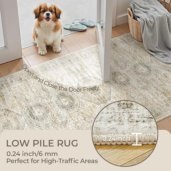 2x5 Rug Runner Washable for Entryway, Soft Bathroom Rugs with Non-Slip Backing, Abstract Low Pile Hallway Runner, Vintage Small Kitchen Carpet for Stair, Laundry Room(2'x5', Grey/Yellow)