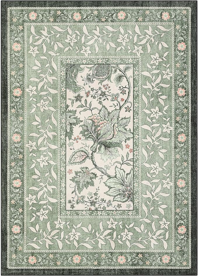 GarveeHome Provence 5x7 Area Rugs, Botanical Grove Sage Green Vintage Cottagecore Non-Slip Washable Rug for Living Room Bedroom Nursery Kitchen Low-Pile Retro Carpet