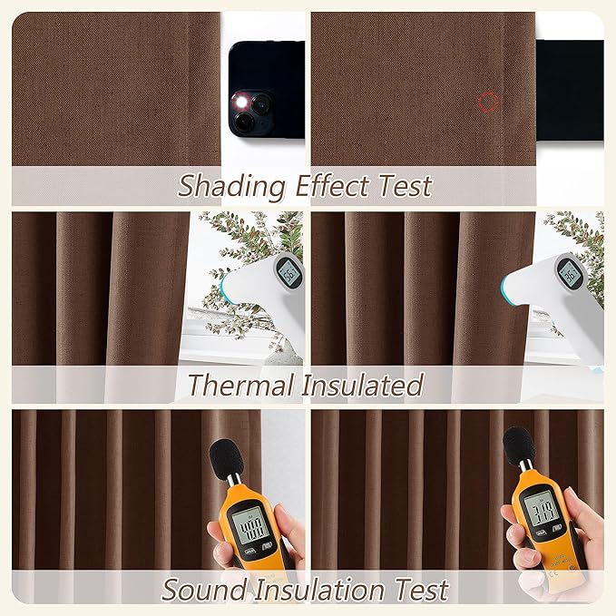 Guken 100% Blackout Curtains 72 Inch Length 2 Panels Set for Living Room Bedroom Back Tab Thermal Insulated Black Out Linen Drapes Room Darkening Window Curtains 72 Inches Long,Rustic Brown