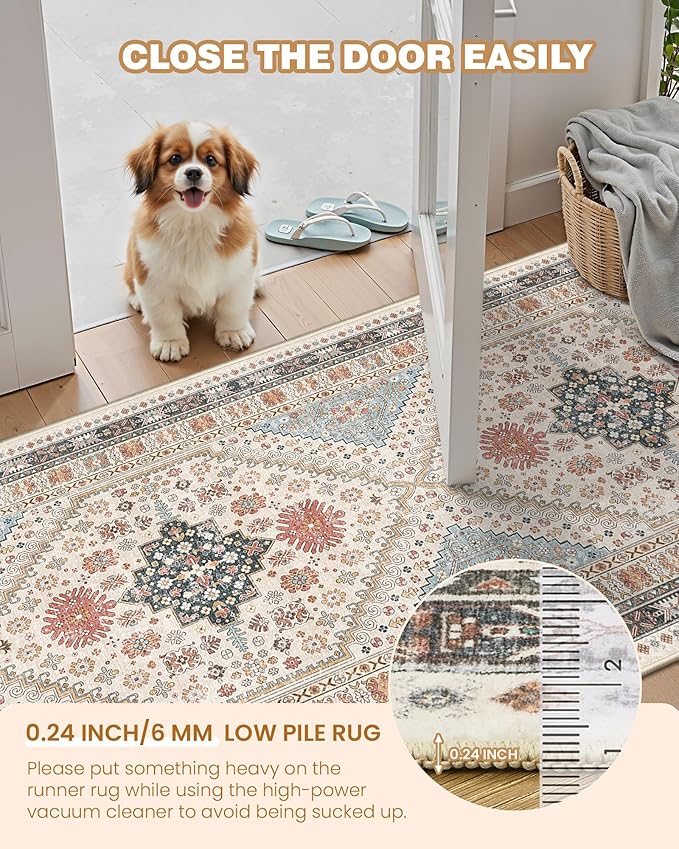 2x5 Rug Runner Washable for Entryway, Soft Bathroom Rugs with Non-Slip Backing,Vintage Low Pile Stair Runner, Small Kitchen Carpet for Hallways, Laundry Room(Blue/Red/Multi,2'x5')