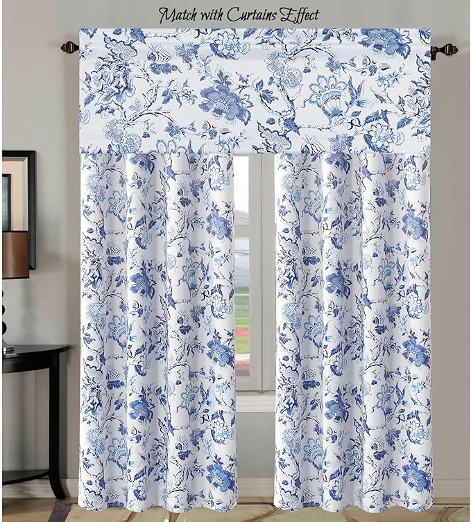 H.VERSAILTEX Blackout Curtain Valances for Kitchen Window/Living Room/Bathroom Privacy Added Rod Pocket Home Decoration Winow Valance, 52" W x 18" L, Flroal in Blue and White