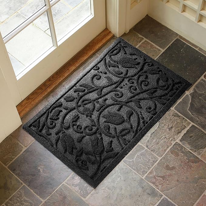 Boho Black Floral Leaves Outdoor Indoor Entrance Doormats, Absorbent Durable Heavy Duty Welcome Front Door Mat,Thick Natural Rubber Back,Easy Clean Entryway Mat 23x35 Inch, Low Profile
