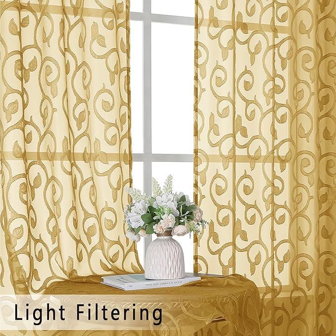 OWENIE Furman Gold Sheer Curtains 63 inch Length for Bedroom Living Room 2 Panels Set, Jacquard Clip Textured Semi Sheer Curtains, Light Filtering Rod Pocket Farmhouse Window Treatments, 40Wx63L inch