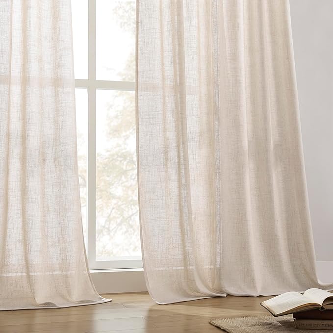 Joydeco Linen Curtains for Living Room,Semi Sheer Drapes Window Long Curtains 96 inches Long Pink Beige