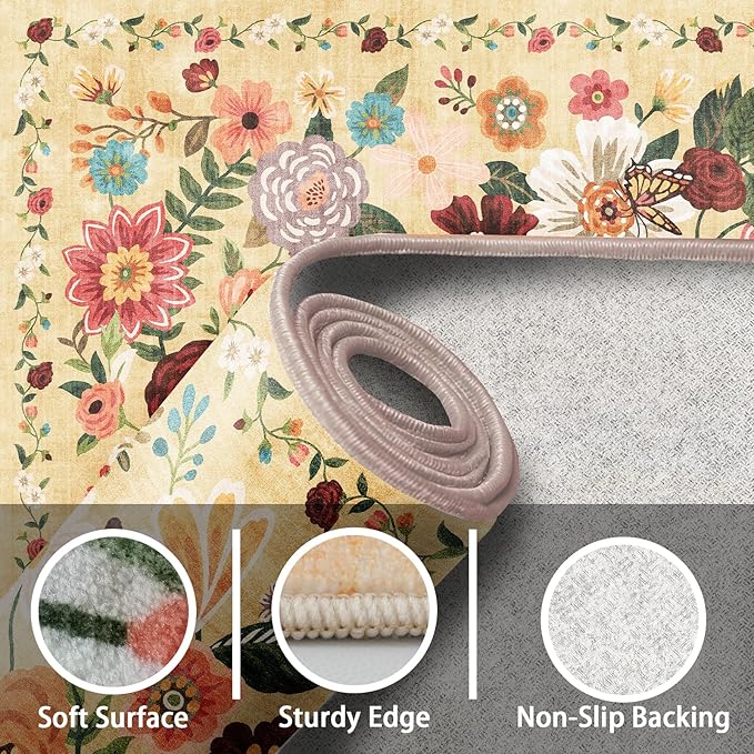 Rug for Hallways Kitchen Rug 2x8, Non Slip Washable Rugs with Rubber Backing Soft Floral Carpet Runner for Hallways, Kitchen, Laundry, Bedroom, Bathroom (2 x 8, Yellow Garden)