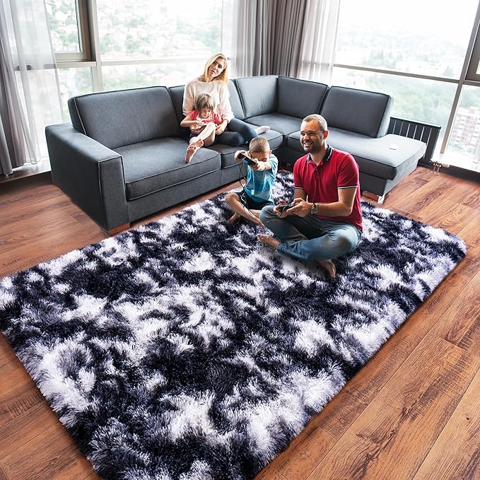 Black and White Rug for Living Room, 9x12 Area Rug for Bedroom, Bedside Indoor Floor Fluffy Shag Carpet, Plush Soft Rug for Boys Girls Kids Room Nursery Dorm Home Decor