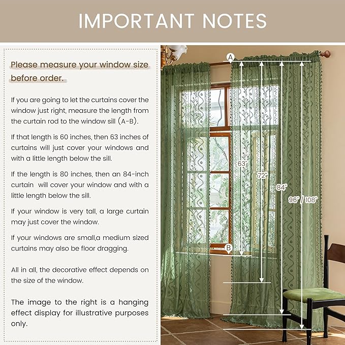 WAZZIO Boho Lace Curtains 2 Panels 63 Inches -Vintage Victorian Sheer Panel Drape French Country Floral Pattern & Tassel Light Filtering Privacy for Bedroom Dining Living Room,Dark Sage Green,W52x L63