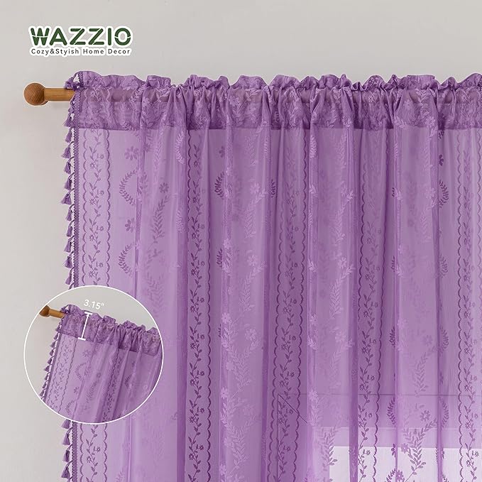 WAZZIO Boho Lace Curtains 84 Inch 2 Panels -Sheer Panel Drape Floral Pattern & Tassel Light Filtering Privacy for Bedroom Dining Living Room,Lilac Girl Women House Decor,Lavender Purple,W52 x 84L