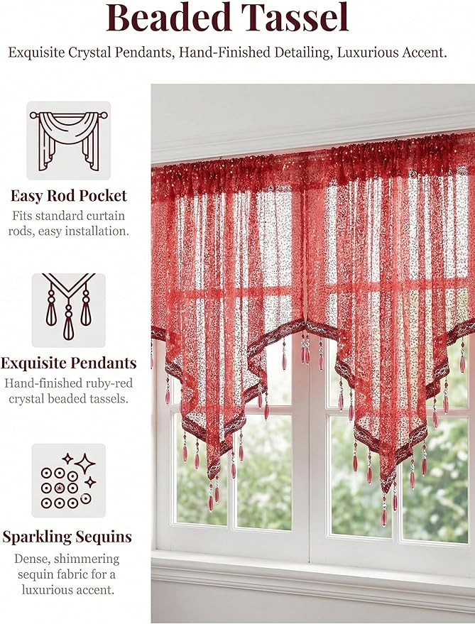 Molaxhome Swag Curtain 51 inch Length Rod Pocket Scalloped Curtain Valance Sheer Lace Panels with Hanging Crystal Beads for Kitchen Bedroom Window Treatments Drape Decor 1pc (Sequin Red, 51Wx23L)