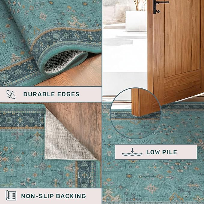 Hazo Haus Boho 2x7 Long Non Slip Kitchen Rug Runner - Teal Washable Rug for Bathroom, Hallway, Door Mats Indoor Entrance,Non Slip with Rubber Backing, Vintage Floral Indoor Décor