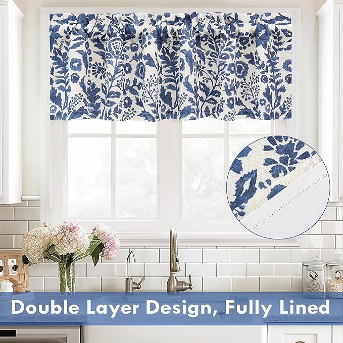 DriftAway Julia Watercolor Blooming Flower Floral Lined Thermal Insulated Window Curtain Valance Rod Pocket 52 Inch by 14 Inch Plus 1.75 Inch Header Linen Blend Navy 1 Pack