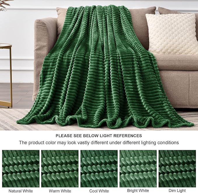 BEDELITE Fleece Throw Blanket for Couch – 3D Ribbed Jacquard Soft and Warm Decorative Fuzzy Blanket – Cozy, Fluffy, Plush Lightweight Green Throw Blankets for Bed, Sofa, 50x60 inches
