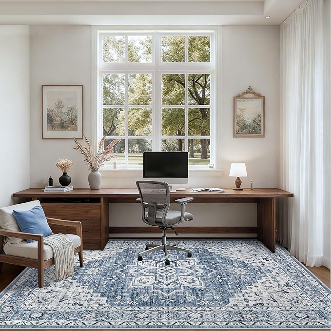 Area Rugs 9x12 Living Room Rug: Washable Rug Soft Vintage Boho Medallion Carpet Indoor Floor Non-Slip Stain Resistant Large Carpets for Bedroom Dining Room Farmhouse Nursery Home Office Blue