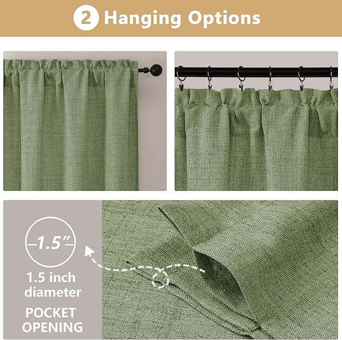 OVZME Green Valance for Windows, Light Filtering Faux Linen Textured Small Short Valance Kitchen Curtain, Dual Rod Pocket Top Short Window Curtain for Bathroom Basement Farmhouse, 1 Piece, 52Wx16L