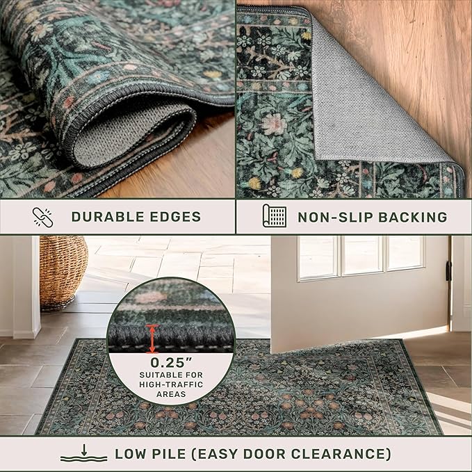 8ft Long Runners for Hallways Non Slip, 2'6" x 8' Floor Runner for Kitchen, Entryway Indoor, Washable Rubber Backing Stain Resistant - Vintage Floral Dark Green & Black Wide Décor