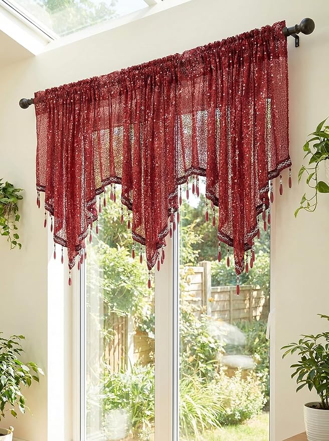 Molaxhome Swag Curtain 51 inch Length Rod Pocket Scalloped Curtain Valance Sheer Lace Panels with Hanging Crystal Beads for Kitchen Bedroom Window Treatments Drape Decor 1pc (Sequin Red, 51Wx23L)