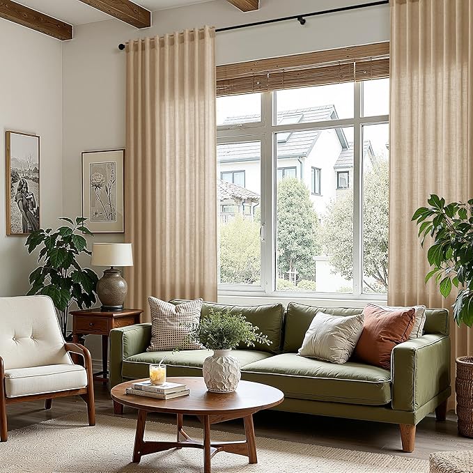 Sand Beige Linen Curtains 80 Inch Length for Living Room Simple Modern Light Filtering Semi Sheer Curtain Back Tab Rustic Farmhouse Luxury Home Decor Drapes for Bedroom Dinner Room 52x80, 2 Panels