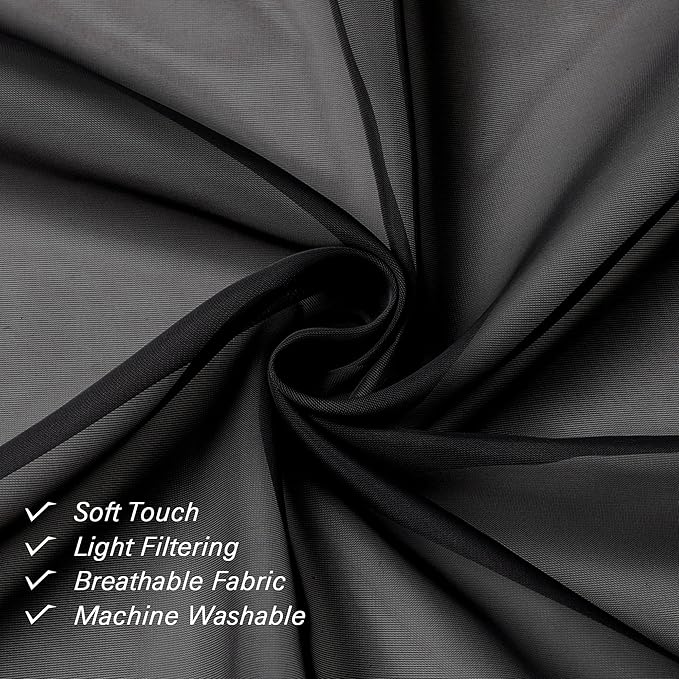 Lecloud Black Sheer Curtain Panels 72 Inch Length, Light Filtering Window Curtain Drapes Treatment for Living Room, Breathable Rod Pocket Sheer Curtains for Bedroom, 2 Panels, Each 40" Wx72 L