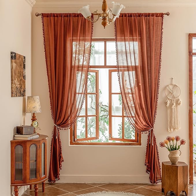 MYSKY HOME Bohemian Farmhouse Ceiling Curtains with Macrame for Living Room,Semi Sheers Light Filtering Privacy Protect Window Treatments Decor Back Tab,50" W×96" L,Terracotta，2 Panels