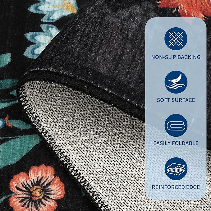 GarveeHome Floral Rug 2.5x8 Runners for Hallways, Boho Kitchen Runner Rugs Non Slip Bath Runners, Vintage Washable Runner Rug for Bedroom, Soft Long Rugs for Entryway Bathroom Laundry Dorm, Black