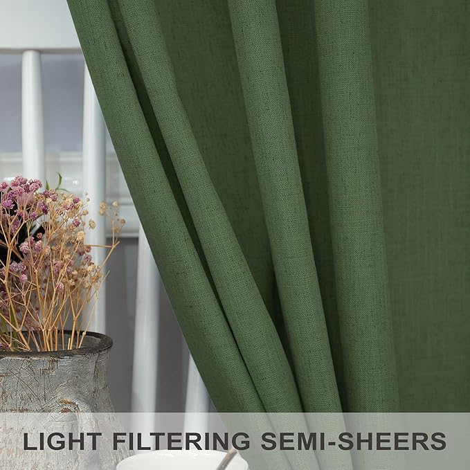 Pitalk Olive Green Curtains 96 Inches 8 FT Long for Living Room 2 Panels Back Tab Pocket Drape Thick Sheer Linen Cotton Modern Rustic Trendy Earthy Army Moss Green Curtain for Bedroom Farm House Decor