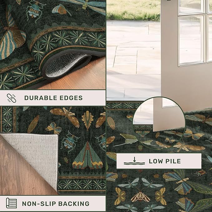 Dark Green Insect 6ft Round Washable Area Rug for Living Room - Non Skid Low Pile & Soft Carpet for Bedroom Beside Bed, Forest Butterfly Design Stain Resistant Home Décor