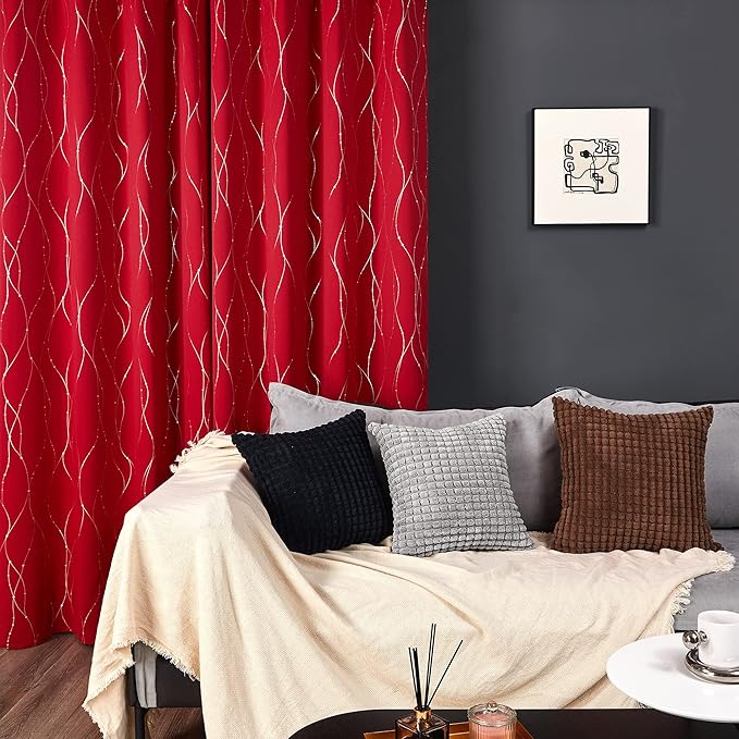 Deconovo Red Curtains, Christmas Drapes, Blackout Thermal Insulated Noise‑Reduced Drape, Wave Line Dot Foil Print, 52 x 63 Inch, 2 Panels, Machine‑Washable Window Curtain for Party Living Room Bedroom