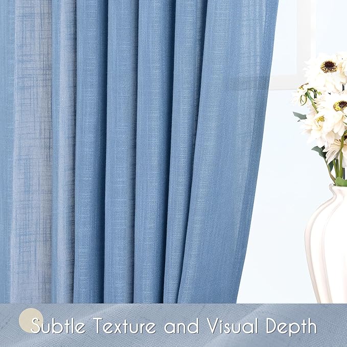 Denim Blue Curtains for Living Room Back Tab Modern Farmhouse Semi Sheer Blue Curtains 92 inches Long 2 Panels Set Muted Neutral Window Curtain for Dining Room Bedroom 52x92