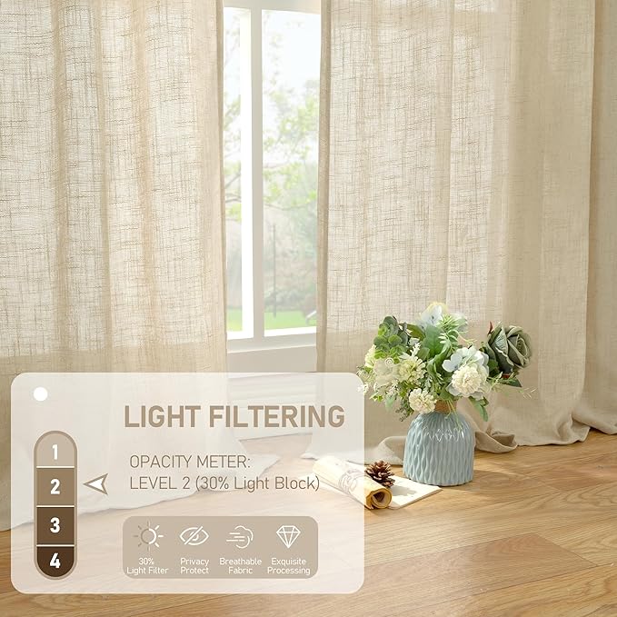 LAMIT Light Filtering Sheer Linen Curtains 102 inches Long, Linen Textured Semi Sheer Back Tab and Rod Pocket Natural Boho Drapes for Living Room/Farmhouse, 2 Panels, Linen, 52 x 102 Inch