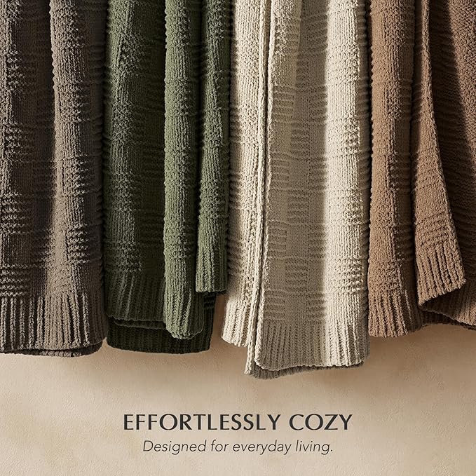 EVERGRACEHOME Modern Checkered Chenille Throw Blanket, Soft Cozy Plaid Knitted Blanket for Sofa & Couch, Decorative Knit Throw for Bed and Living Room, Olive Green, 60" x 80"