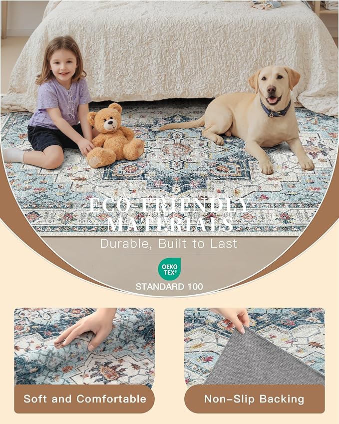 Madane Washable Area Rug 2x4, Small Entryway Rug Non-Slip Vintage Door Mat Indoor Entrance, Low Pile Floor Carpet Runner for Inside Front Door Kitchen Entry Laundry, Blue