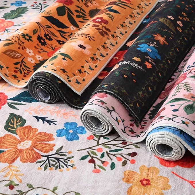 Rugcomf Round Rug 6ft Washable Circle Rug Non Slip Low Pile Boho Floral Small Circular Rug for Bedroom, Bathroom, Entryway, Kids Room, Office, College Dorm(Green)