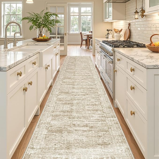 Long Hallway Runner Rug- Carpet Runners for Hallway 12ft, Anti Slip Backing Washable Rug Runner for Bathroom, Entrance, Living Room, Soft Low Pile Modern Rug Runner(2'x12', Brown/Ivory)