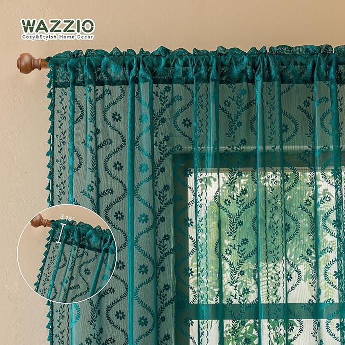 WAZZIO Boho Lace Curtains 2 Panels 45 Inch -Victorian Sheer Panel Drape French Country Floral Pattern & Tassel Light Filtering Privacy for Bedroom Dining Living Room,Coastal Decor,Teal,W52x L45