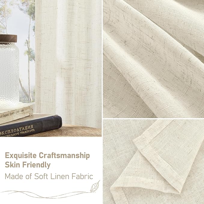 LAMIT Natural Linen Blended Curtains for Living Room, Back Tab and Rod Pocket Semi Sheer Curtains Light Filtering Country Rustic Drapes for Bedroom/Farmhouse, 2 Panels,52 x 120 Inch, Natural Ivory